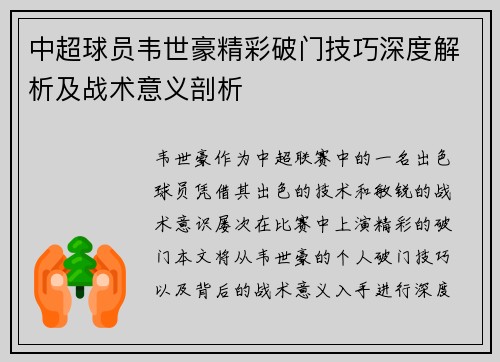 中超球员韦世豪精彩破门技巧深度解析及战术意义剖析
