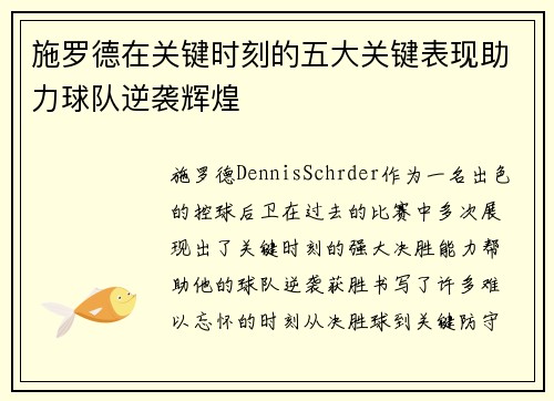 施罗德在关键时刻的五大关键表现助力球队逆袭辉煌