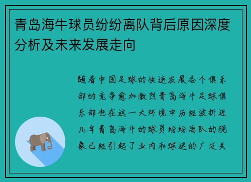 青岛海牛球员纷纷离队背后原因深度分析及未来发展走向