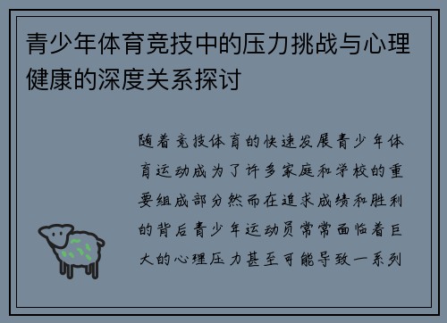 青少年体育竞技中的压力挑战与心理健康的深度关系探讨