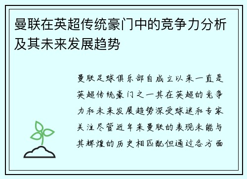 曼联在英超传统豪门中的竞争力分析及其未来发展趋势