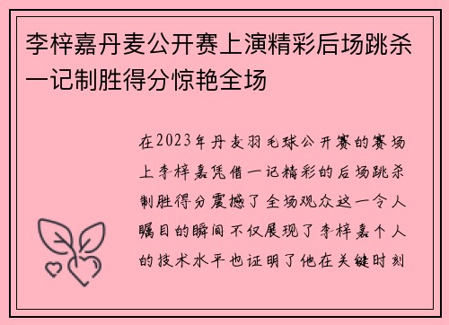 李梓嘉丹麦公开赛上演精彩后场跳杀一记制胜得分惊艳全场
